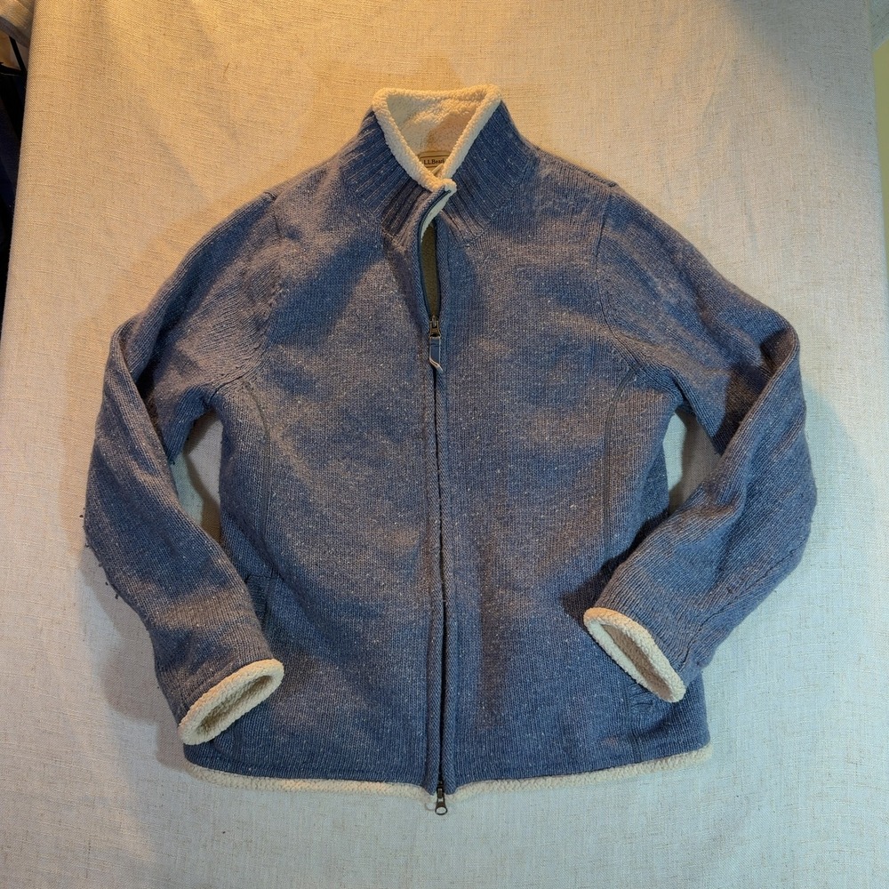 L.L. Bean Full Zip Sweater Fleece Lined Lambswool Blend Blue Women's Size Medium
